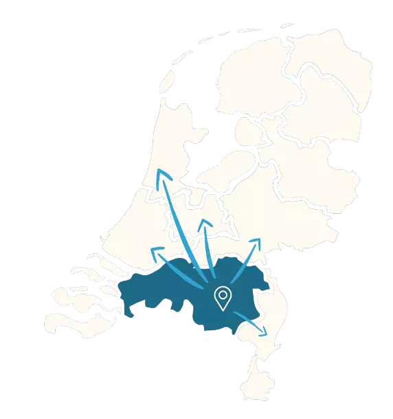 Map of the Netherlands with a pin on Eindhoven and arrows spreading out from the pin
