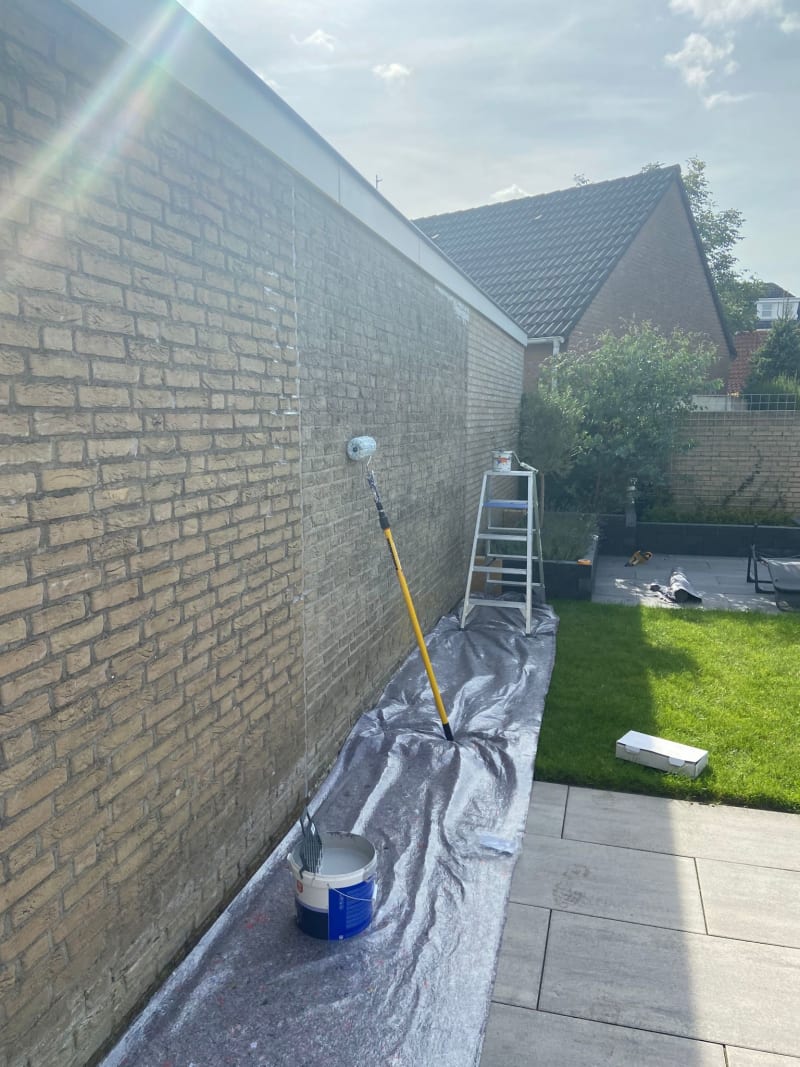 Before picture of an unpainted garden wall on the left