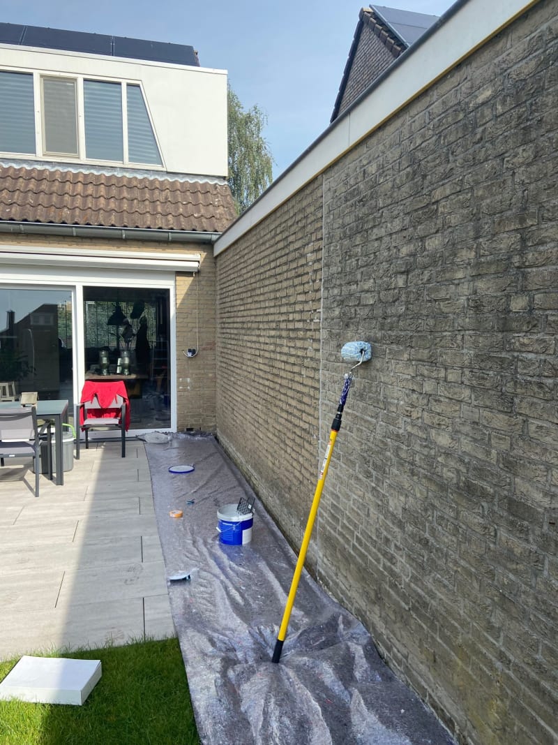 Before picture of an unpainted garden wall on the right