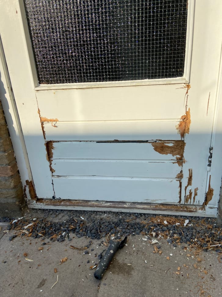 Wood entrance door showing signs of decay at the bottom