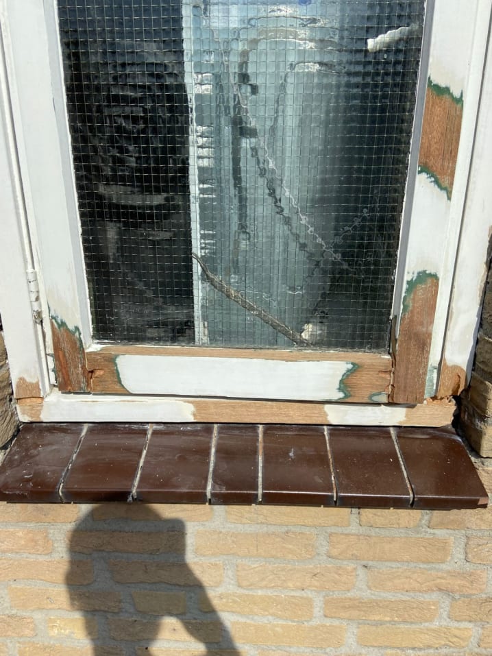 Window frame and exterior trim showing signs of rot